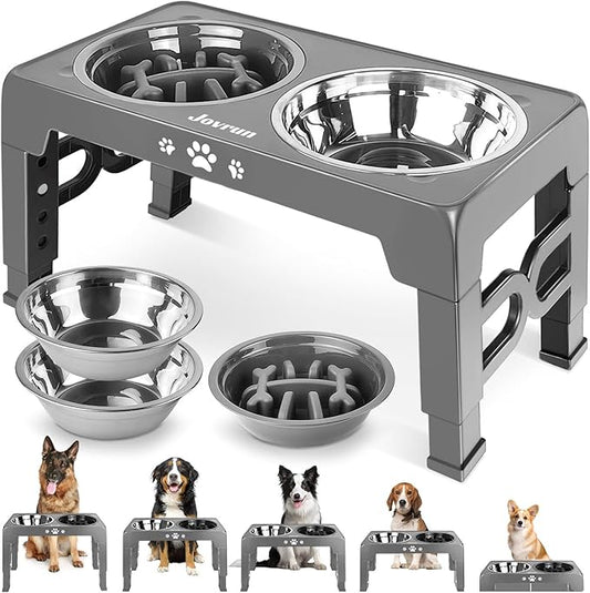 Elevated Dog Bowls, Dog Feeder with Stainless Steel Dishes & Slow Feeder Bowl, 5 Heights Adjustable Raised Stand for Medium Large, Food Dishes with Non-Slip Feet