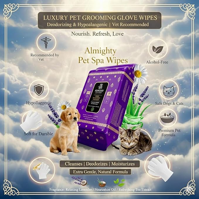 Almighty – Premium Pet Grooming Glove Wipes for Dogs & Cats | 20 Count | Instant Bath Cleaning Glove | Ultra-Thick, Hydrating & Nourishing | Deodorizing, Hypoallergenic, No-Rinse – Tea Scent