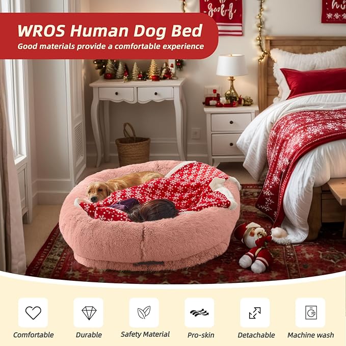 Human & Pets Washable Faux Fur Dog Bed - 71''x45''x12'' Orthopedic, Plump Pillow, Blanket, Strap - Pink