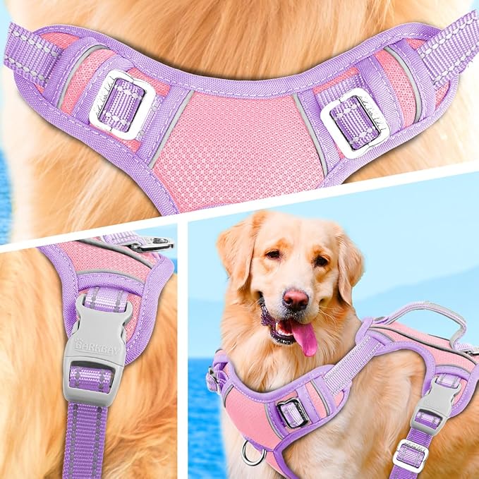 BARKBAY No Pull Dog Harness Large Reflective Dog Harness with Front Clip and Easy Control Handle for Walking Training Running with ID tag Pocket(Baby Pink & Violet Purple,M)