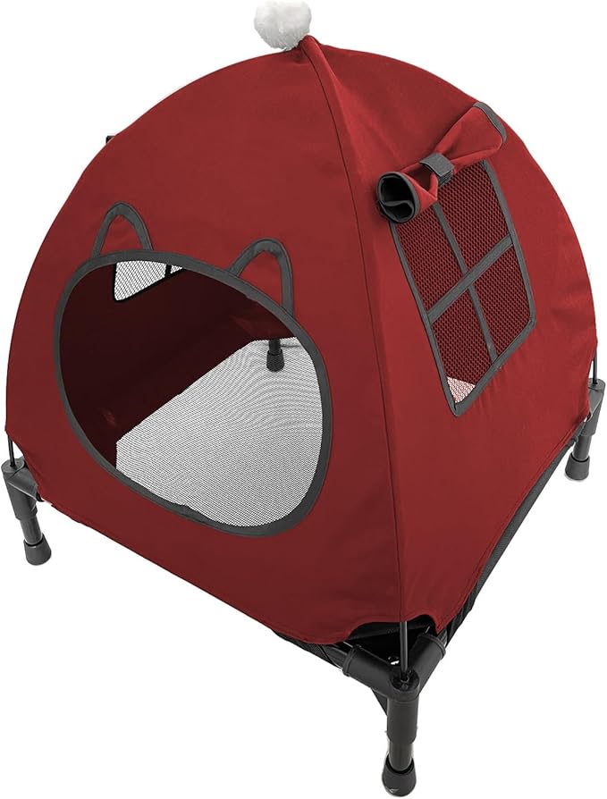 Pozico Elevated Pet Bed with Breathable Mesh for Small Cat and Dog, Raised Cooling Pet Cot for Puppy and Kitty, 18.9x18.9 inch (Red Bed with Canopy)