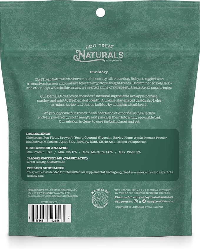 Dog Treat Naturals Dental Chew Sticks | Helps Clean Teeth and Easy to Digest Dog Treats | Dog Breath Freshener | Made with Chickpea & Mint| Made in USA (20 Sticks)