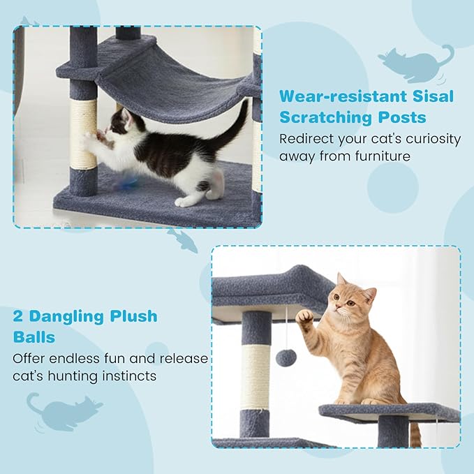 Tangkula Cat Tree for Indoor Cats, 75 Inch Extra Tall Cat Tower with Sisal Scratching Post, Padded Top Perch, Dual Condos, Hammock, 2 Dangling Balls, Platforms, Multi-Level Cat Climbing Furniture
