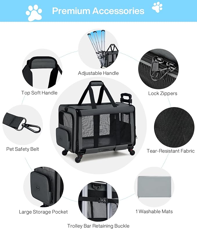 MILADA Extra Large Cat Carrier with Wheels for Big Cats & Small Dogs Soft Sided Rolling Pet Carrier Detachable XL Cat Stroller for Travel, Hiking, Vet & Hospital Use, Grey