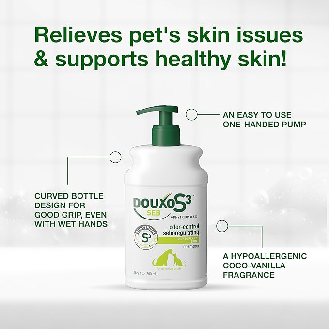 Douxo S3 Seb Shampoo, Contains 0.5% Ophytrium, Odor Control & Seboregulating, For Oily to Flaky Skin, Seborrhea, For Dogs and Cats, 16.9 fl. oz. (500mL)