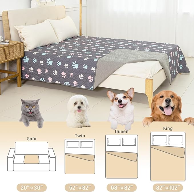 BOCTOPUG Dog Bed Cover for Pets Blankets Rug Pads for Couch Protection Waterproof Bed Covers Dog Blanket Furniture Protector Reusable Changing Pad (Dark Grey+Colorful Paw, 52"x82")