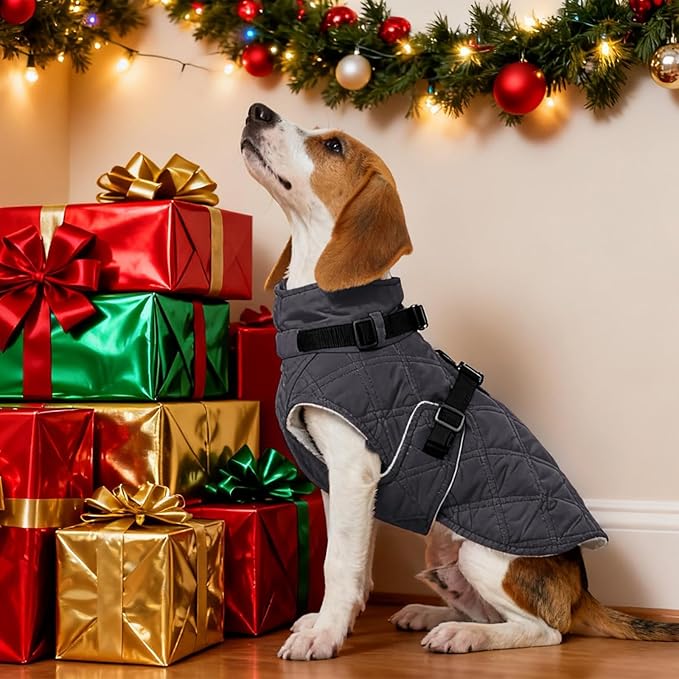 Kuoser Dog Coat Warm Fleece Lining Turtleneck Dog Jacket with Harness Built-in, Windproof Cold Weather Coats with Quick Release Buckle Pet Winter Snowsuit for Extra Large Dogs Great Dane, Grey 3XL