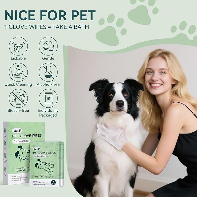 WLP Pet Glove Wipes for Dogs & Cats, Individually Wrapped Cleaning Deodorizing Hypoallergenic Hydrating Grooming Wipes, Enriched with Aloe & Jojoba Oil for Daily Care, Traveling (24 PCS)