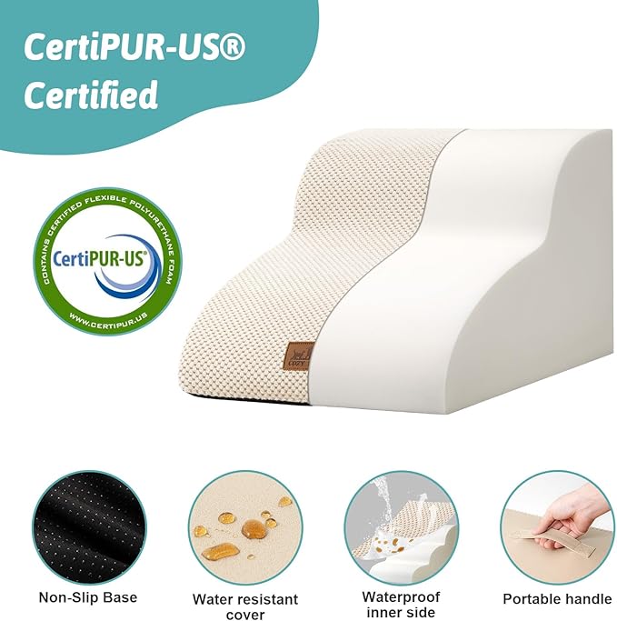 Dog Stairs for Small Dogs 11.8" H, Curved Dog Step for Puppy, Older Cat, Medium Pet Ramp for Sofa, Couch or Chair, Ladder with High Density Foam, 2 Step, Beige