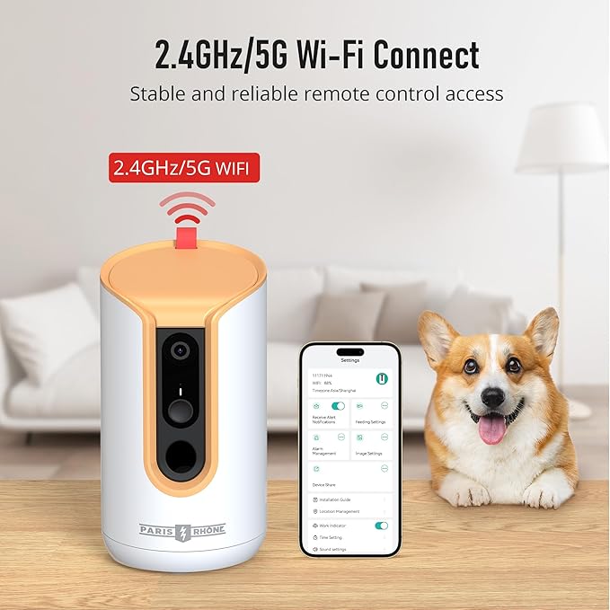 PARIS RHÔNE 2K Pet Camera, 360°View Dog Camera Treat Dispenser, 5G WiFi Pets Monitoring with Phone APP, Two-Way Audio, Infrared Night Vision, Barking Detection and Motion Alerts, Works with Alexa