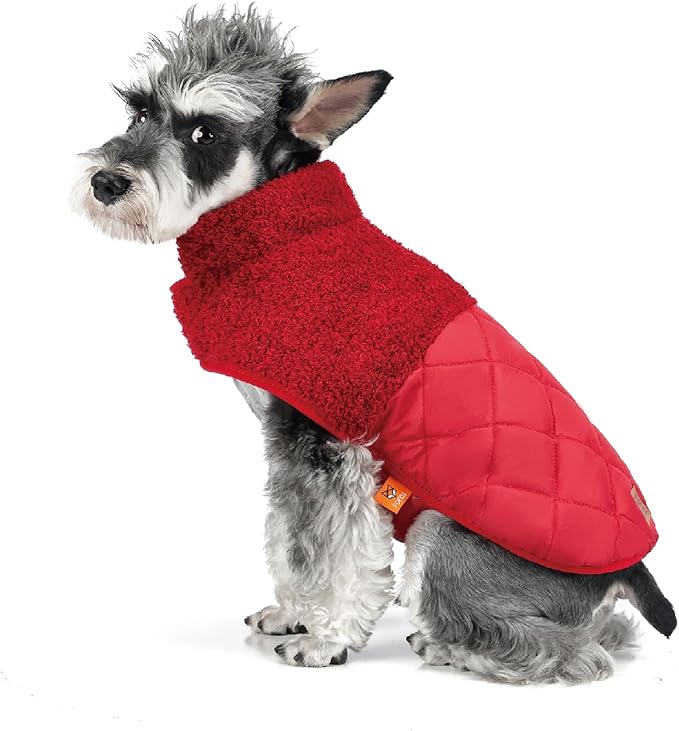 FOFOS Dog Winter Coat, Plush Dog Jacket with Leash Hole, Adjustable Warm Pet Snow Vest for Small Medium Dogs, Red, L