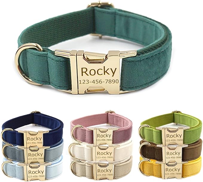 Personalized Velvet Dog Collars with Pet Name Phone Number Engraved, Custom Adjustable Soft Collar with Metal Buckle for Small Medium Large Dogs, Dog Leash and Bow Tie Available -Dark Green