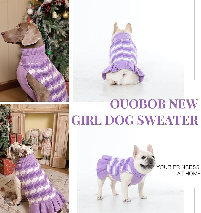 Dog Sweaters for Large Dogs Girl, Dog Sweater Dress with Leash Hole, Thick Turtleneck Knitwear for Female Dogs, Warm Fall Winter Dress for Cold Weather, Thanksgiving, Christmas - Purple XXXL