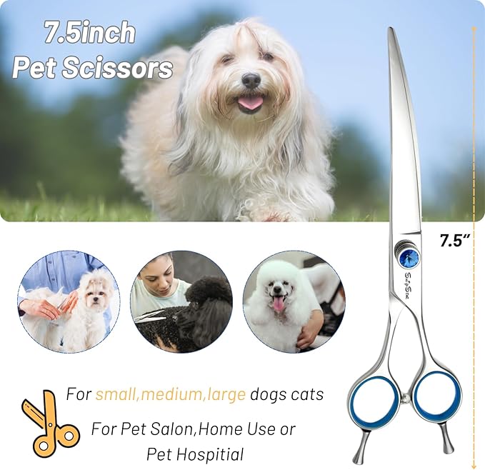 7.5inch Curved Dog Grooming Scissors, VG10 Stainless Steel Sharp Professional Dog Scissors for Grooming, 25° Bend Safety Pet Trimming Shears for Dogs Cats Groomer, with Ergonomic Handle