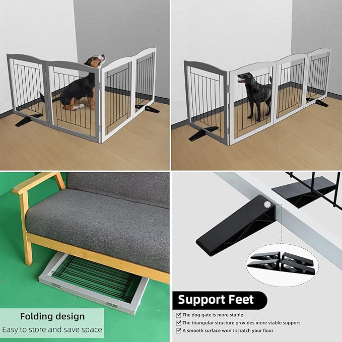ZJSF Freestanding Dog Fence Indoor, Foldable Dog Gate for Doorways, Stairs or Hallways, Sturdy Wood Extra Wide Pet Gate with Support Feet for The House, Grey, 24 "Height-2 Panels