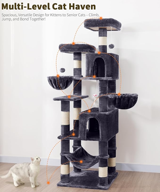 AMHANCIBLE Tall Cat Tree, 70 Inch Cat Tower for Indoor Cats, Multi-Level Cat Tree with Scratching Post, Hammock, Hanging Basket, Large Cat Condos for Adult Cats Kittens, Dark Grey, PT18DG