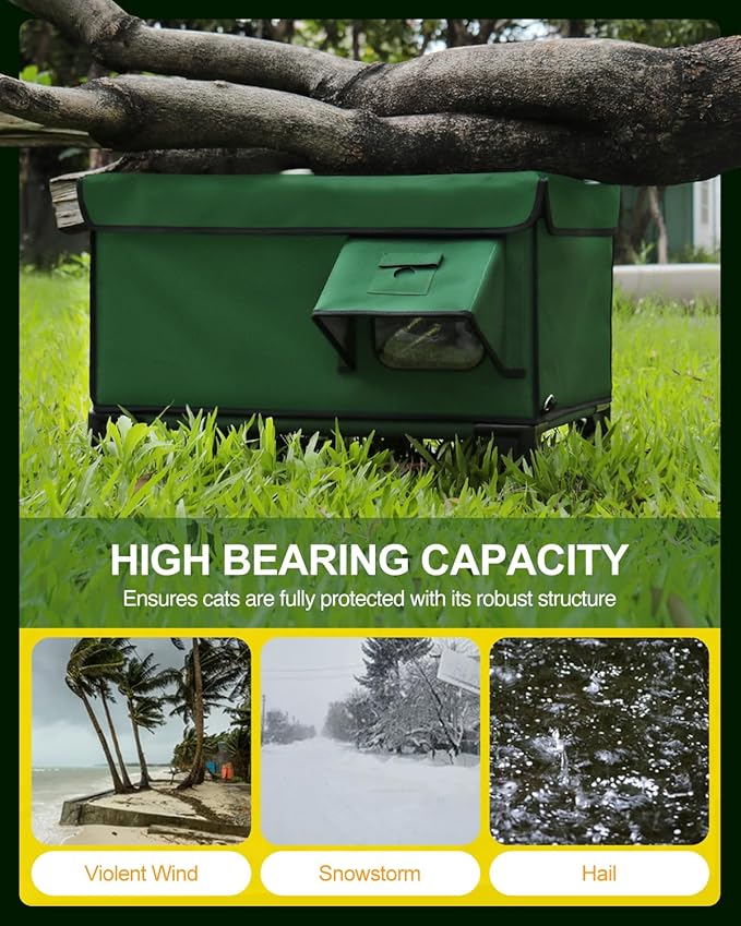 Heated Cat House for Outside,Dual Camera Mounts,100% Weatherproof & Extremely Insulated,Elevated Feral Cat Shelter with Escape Door,Waterproof Eaves for Outdoor Stray Barn Cat(Army Green,S)