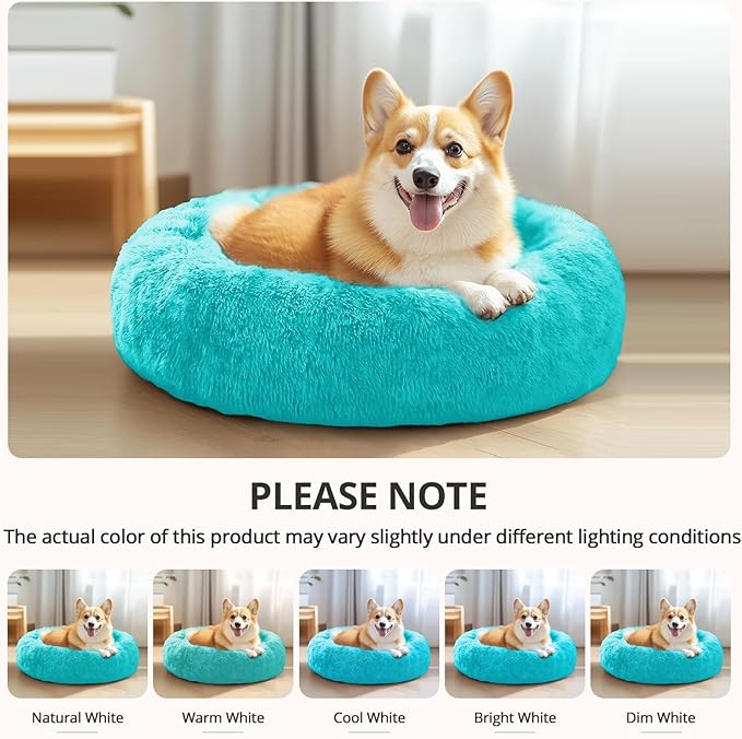 JOLLYVOGUE Small Dog & Cat Beds for Indoor Cats, Donut Cuddler Warming Soft Dog Beds with Anti-Slip Bottom, Round Calming Fluffy Plush Faux Fur Cushion Bed for Medium Dogs (27", Aqua Blue)