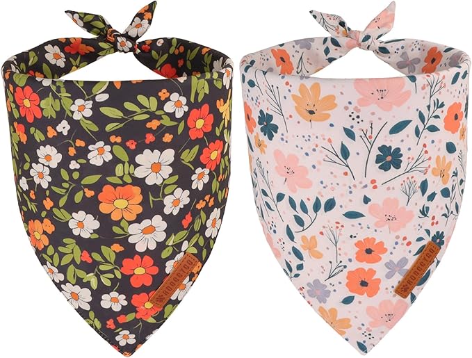 ADOGGYGO Floral Dog Bandana, Black Pink Flower Pet Scarf, Premium Durable Fabric, Cute Floral Bandanas for Medium Large Dogs (Large)