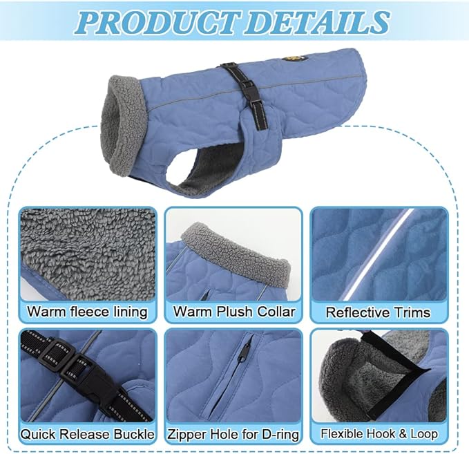 Dog Winter Jackets, Furry Collar Warm Coats for Dogs with Fleece Lining, Reflective Cold Weather Doggie Jackets with Leash Hole and Buckle, Windproof Pet Coats for Large Dogs, Blue L