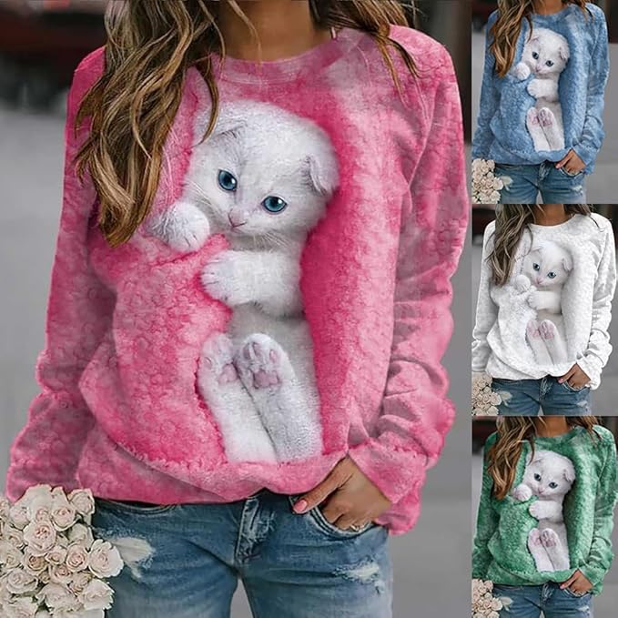 Women's Cat Print Long Sleeve Shirt Cute Casual Crewneck Pullover Top Lightweight Funny Graphic Tee