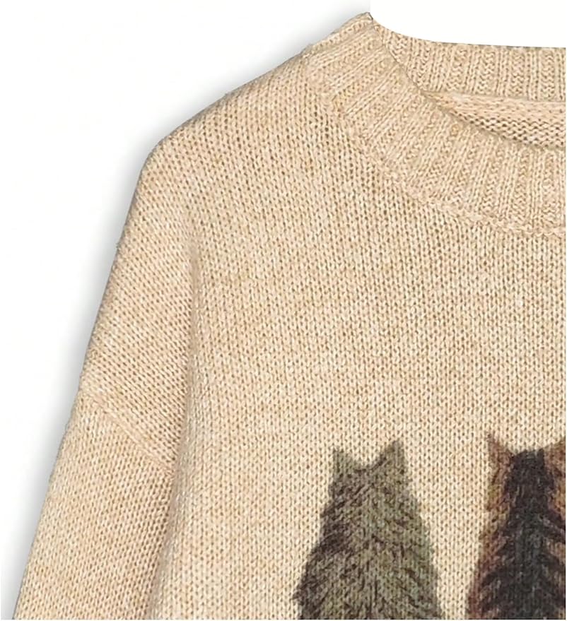 WDIRARA Women's Cat Graphic Sweater Long Sleeve Crew Neck Knit Tops Casual Knitwear