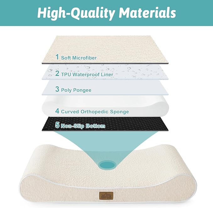 Orthopedic Dog Bed for Large Dogs up to 90 lbs - Removable Washable Cover with Waterproof Lining & Non-Skid Bottom, Cotton-Polyester Blend Boat-Shaped Lounger Mattress, L(45x30x6in), Beige