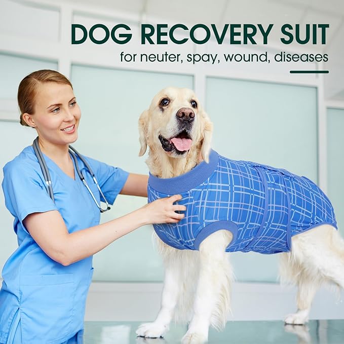 Kuoser Dog Recovery Suit for Female Male Dogs, Post-Surgery Bodysuit for Spay Neuter, Dog Onesie After Surgery, Anti-Licking Pet Surgical Recovery Suit, Blue XS