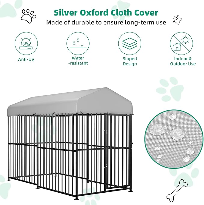 VIVIJASON 4 x 8 x 6 Ft Large Outdoor Dog Kennel, Heavy Duty Metal Frame Dog Cage with Thickened Bars, UV & Waterproof Cover, Outside Pen Playpen Dog Run House for Large to Small Dogs