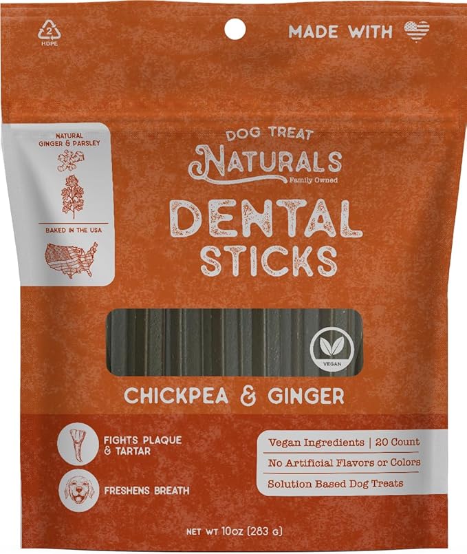 Dog Treat Naturals Dental Chew Sticks | Helps Clean Teeth and Easy to Digest Dog Treats | Dog Breath Freshener | Made with Chickpea & Ginger| Made in USA (20 Sticks)