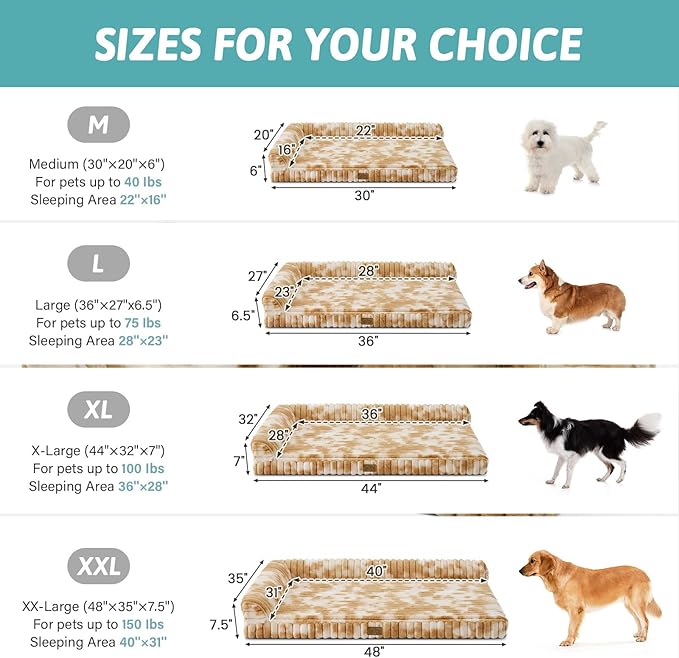 Cute Dog Bed, Faux Fur Orthopedic Foam Dog Bed with Sides, Removable Washable Cover & Waterproof Lining, Comfortable Pet Couch for Extra Large Dogs, Tie-Dye Brown (48" L x 35" W x 7.5" Th)