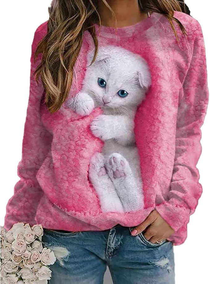 Womens Cute Cat Print Sweatshirts Long Sleeve Lightweight Crew Neck Shirts Casual Trendy Tops Spring