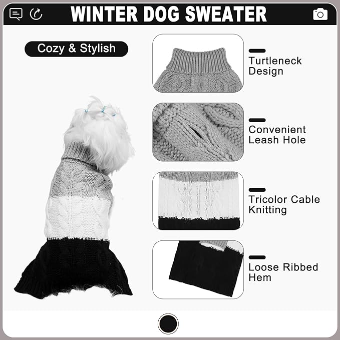 EXPAWLORER Dog Sweater with Leash Hole - Small Dogs Fall Sweaters for Girls Boys,Classic Turtleneck Knitwear Dog Clothes for Cold Weather, Cable Knit Dogs Outfit,Coat,Pet Apparel