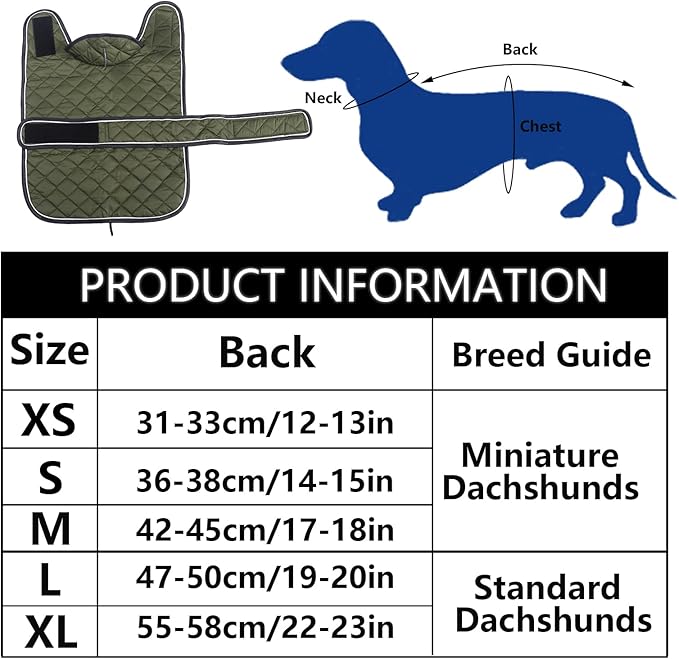 Warm Thermal Quilted Dachshund Coat,Dog Winter Coat with Warm Fleece Lining,Outdoor Dog Apparel with Adjustable Bands for Medium Dog-Army Green-S