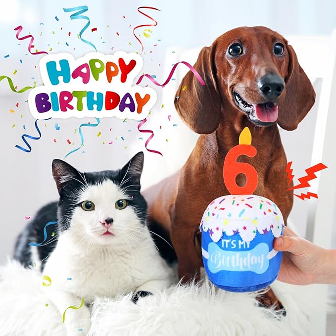 Dog Birthday Cake Toy Accessories for Girl Boy Gifts, Squeaky Plush Toy for Dog Birthday Party Decor Favor for Large, Medium and Small Dogs(6th,Blue)