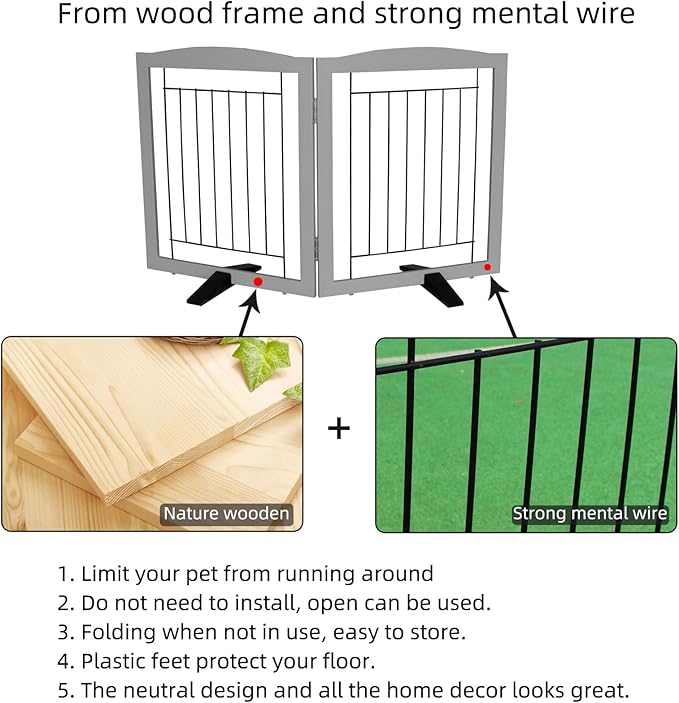 ZJSF Freestanding Dog Fence Indoor, Foldable Dog Gate for Doorways, Stairs or Hallways, Sturdy Wood Extra Wide Pet Gate with Support Feet for The House, Grey, 32 "Height-2 Panels