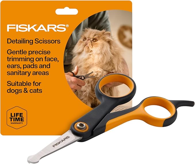 Fiskars Pet Detailing Scissors, Dog & Cat Grooming Scissors, Rounded Tips & SoftGrip Handle for Delicate Areas, 5.5”, Orange/Black