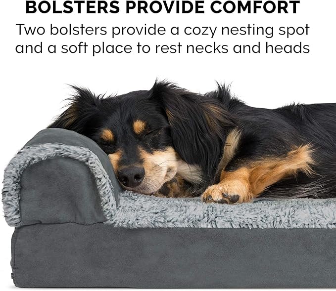 FurHaven Orthopedic Dog Bed for Large Dogs, L-Shaped Chaise Contour Mattress with Egg Crate Orthopedic Memory Foam for Joint Support, Removable Washable Cover, Large, Faux Fur & Suede, Stone Gray