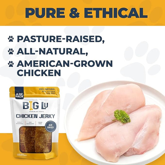Big Lu - Chicken Jerky Dog Treats – 4oz, Premium Air-Dried USA Chicken Breast for Dogs, High Protein, Single-Ingredient Training Treats, Grain-Free & Easily Digestible Snack for All Breeds