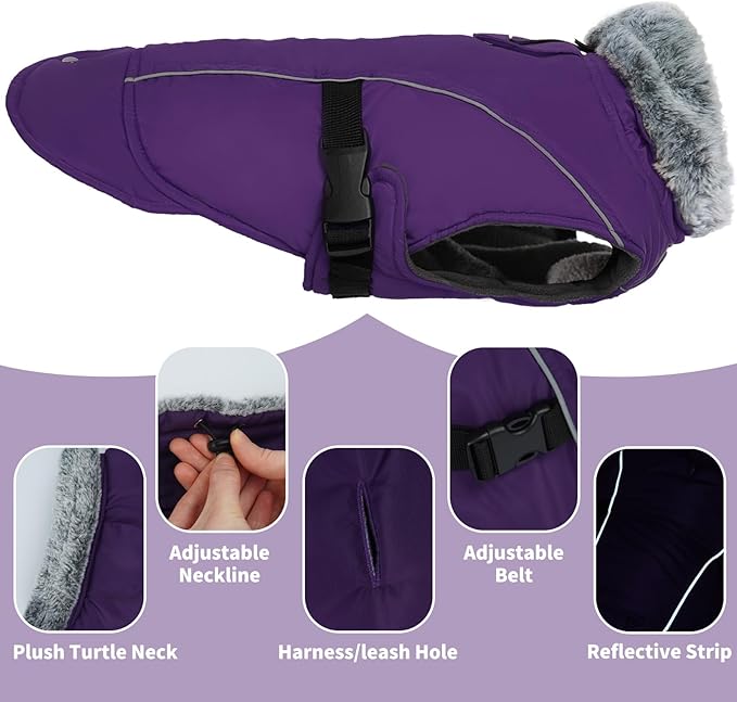 DENTRUN Winter Warm Dog Coat Reflective Jacket with Turtleneck for Cold Weather, Adjustable Buckle Windproof Water Repellent, Thick Snowsuit Fleece Vest for Small, Medium, Large Dogs, Purple, XXL