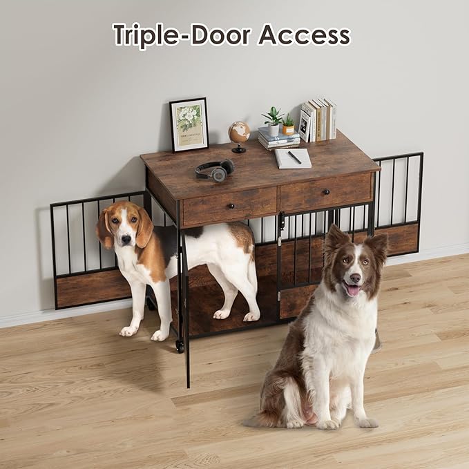44.5" Dog Crate Furniture, Wooden Dog Kennel with Storage Drawers, Large Dog Cage with Wheels, Heavy Duty Wooden Dog Crate End Table with Steel Tubes for Big Breed