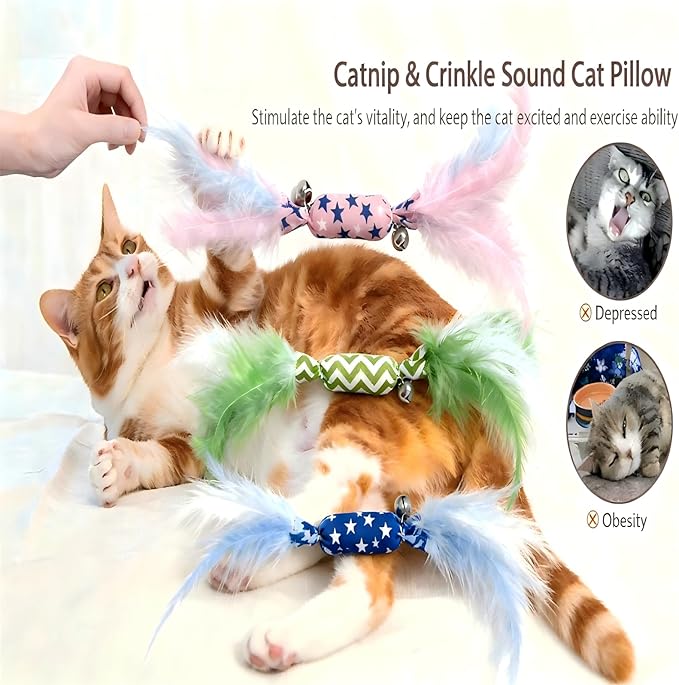 CealumVita Catnip Toy Candy Shape with Bright Colors Feathers & Bell, Kicker Chew Toy for Indoor Cats, Enrichment Toys for Bored Kittens & Adult Cats, 3-Pack Crinkle Plush Toys for Teething and Play