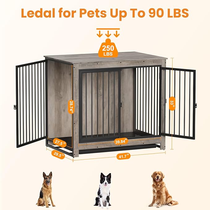 Dog Crate Furniture, 42 InchI ndoor Large Dog Kennel for Medium to Large Dogs Up to 70 LBS, Heavy Duty Wooden Pet Cage End Table with 3 Doors, Alloy Steel Frame & Removable Tray