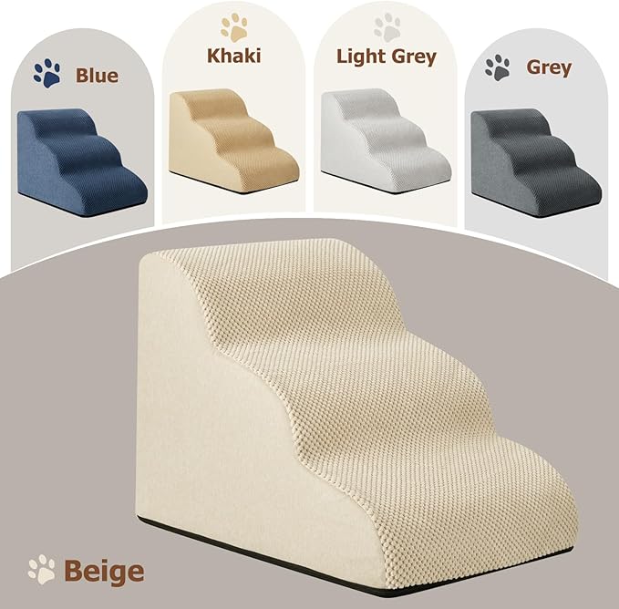 Dog Ramp and Stairs for Small Dogs & Cats,3-Step Pet Stairs for Couch Sofa and Chair,Indoor Anti-Slip Dog Stairs for Old Cats and Puppy,Beige