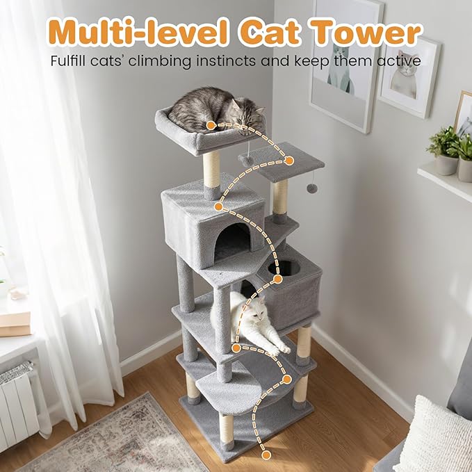 Tangkula Cat Tree for Indoor Cats, 75 Inch Extra Tall Cat Tower with Sisal Scratching Post, Padded Top Perch, Dual Condos, Hammock, 2 Dangling Balls, Platforms, Multi-Level Cat Climbing Furniture