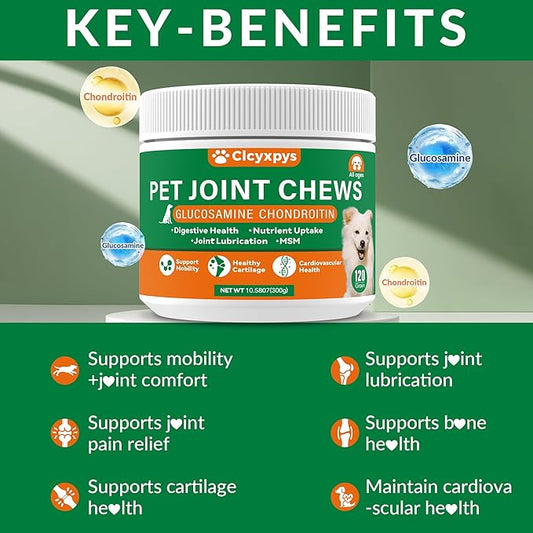 Glucosamine for Dogs Hip and Joint Supplement Chews,Mobility Support Supplement -Glucosamine chondroitin-MSM，Hip & Joint Support-Digestion,Probiotics-120 Chews