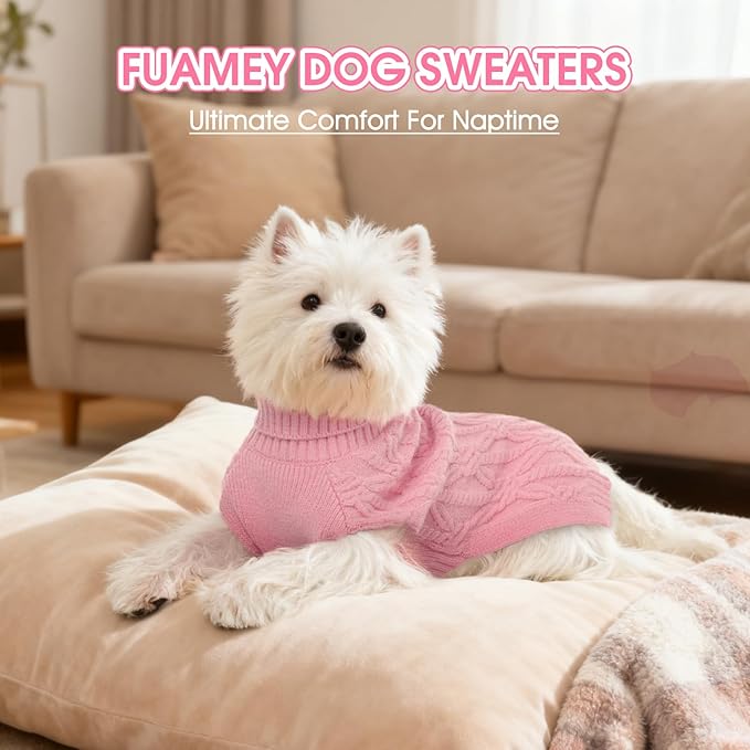 FUAMEY Dog Sweaters for Small Dogs,Cold Weather Dog Knitwear,Thick Warm Dogs Turtleneck,Pet Pullover Cable Sweater,Pets Winter Clothes for Yorkshire,Poodle Pink S