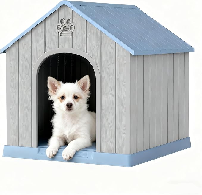 Fancyango Dog House Outdoor Indoor for Medium Large Dogs, Sturdy Plastic Waterproof Doghouse with Air Vents and Elevated Floor, Easy Clean and Assemble (Blue, 26.18''L × 24.02''W × 25.98''H)