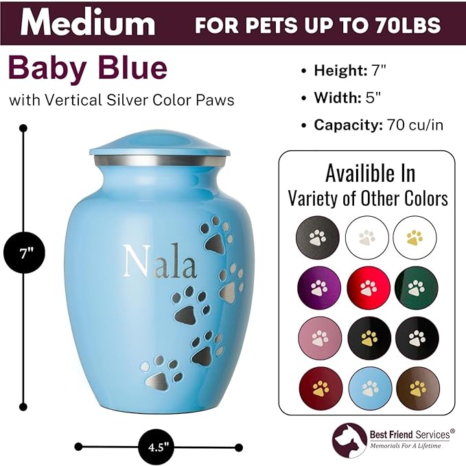 Pet Urn for Dogs and Cats with Personalized Laser Engraving, Ottillie Paws Premier Series Memorial Urns (Medium Baby Blue with Vertical Pewter Paws)