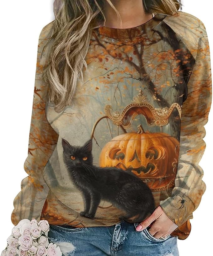 Womens novelty funny cat printed crewneck sweatshirt casual loose long sleeve graphic pullover sweatshirts tops